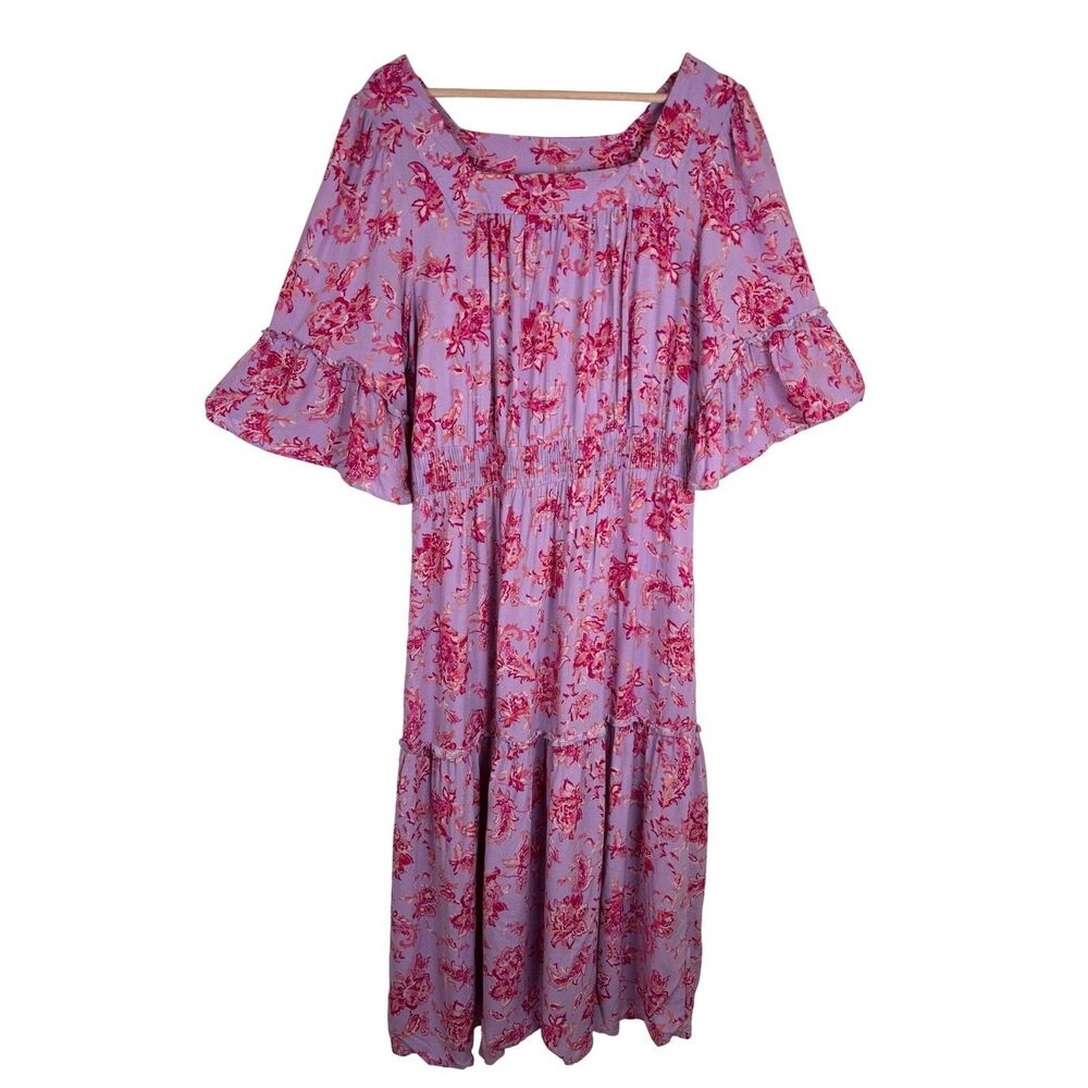 Pioneer Woman Large Maxi Dress Purple Pink Floral‎ Ruffle Sleeve Smock Waist
